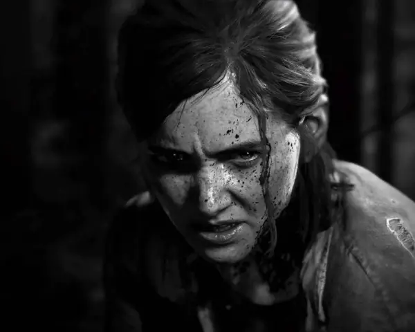 Primer plano de Ellie, con la cara sucia y ensangrentada, mirada intensa. Un momento icónico de los trofeos The Last of Us 2.
