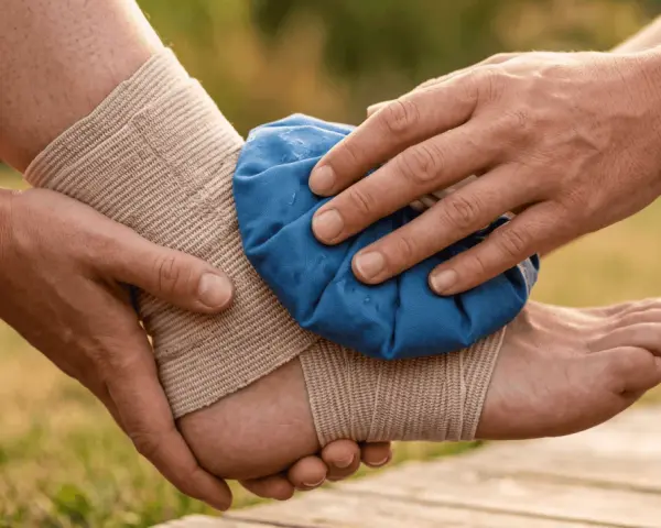 Application d'une poche de glace sur une cheville bandée, suite à une entorse grave.