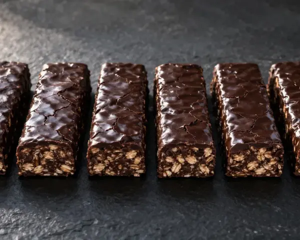 Six barres protéinées maison, enrobées de chocolat noir craquelé, sur fond sombre.