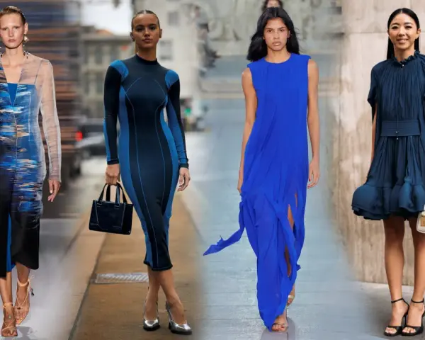 Modelli con abiti blu elettrico, uno con sandali color pesca, un altro con décolleté argento. Idee per scarpe da abbinare a vestito blu elettrico.