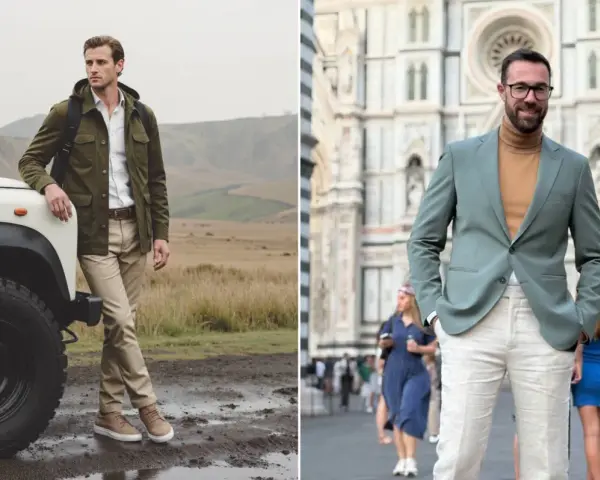 Dos hombres lucen elegantes. Uno, junto a un todoterreno, lleva una chaqueta verde y pantalones beige. El otro, en la ciudad, combina un traje verde con pantalones claros.