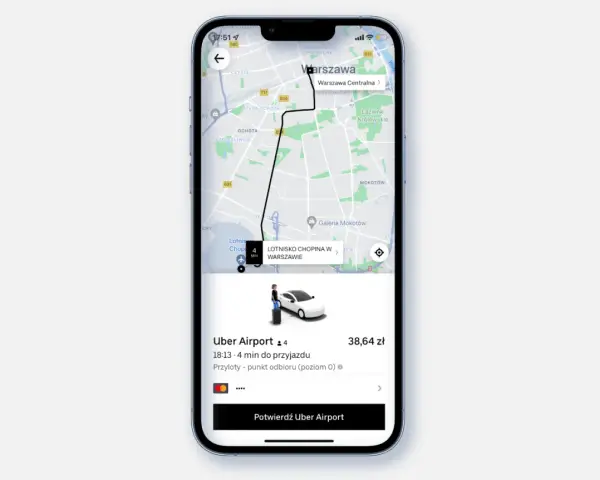 Uber Airport: zamówiony kurs na Lotnisko Chopina w Warszawie. Auto za 4 minuty, cena 38,64 zł.