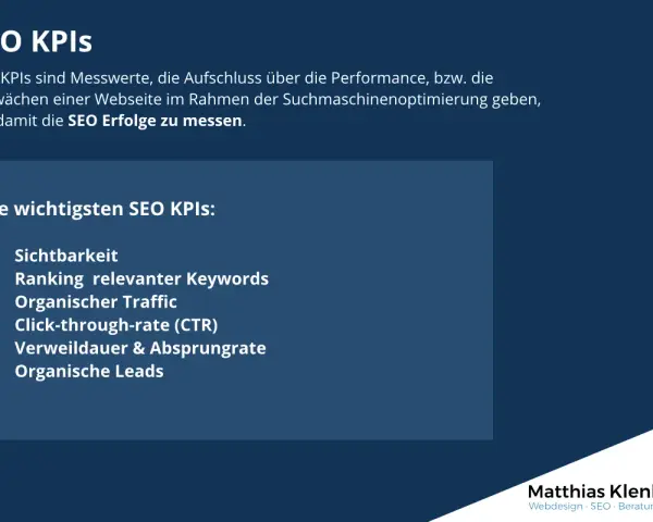 Die wichtigsten SEO KPIs: Sichtbarkeit, Ranking, Traffic, CTR, Verweildauer, Absprungrate und organische Leads.