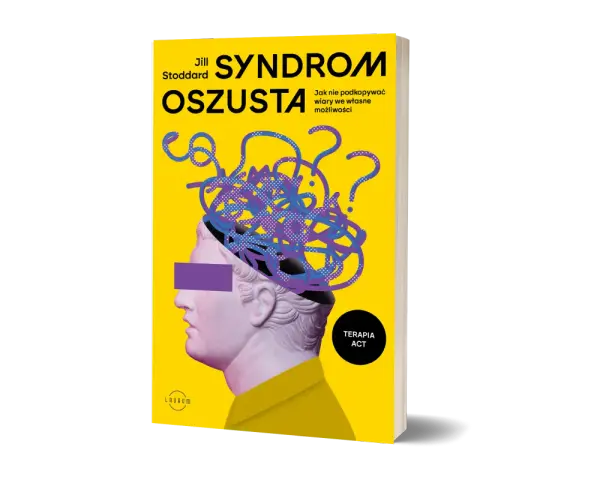 Okładka książki "Syndrom oszusta" Jill Stoddard. Stylizowana głowa z plątaniną myśli i znaków zapytania symbolizuje wewnętrzne wątpliwości.