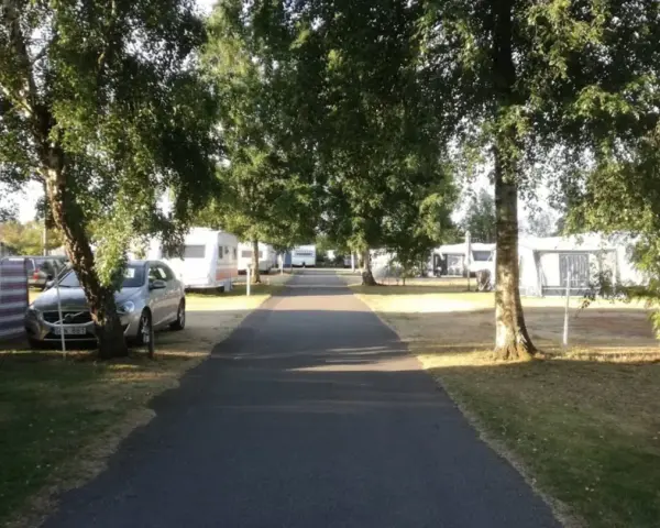 Väg leder genom rosendals camping, kantad av träd och husvagnar.