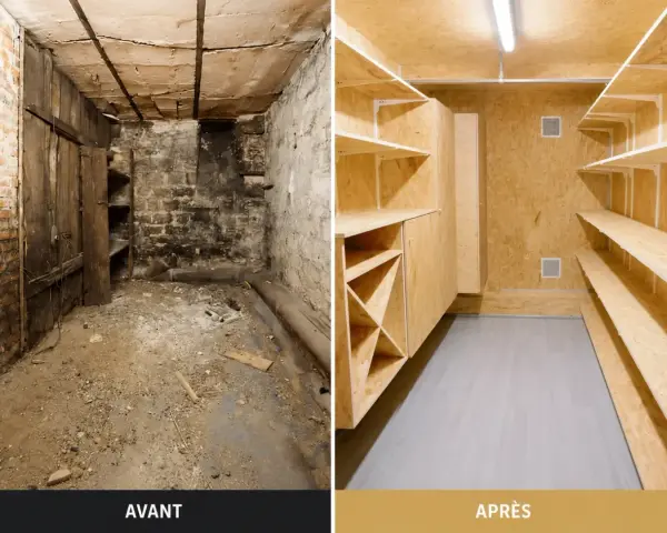 Avant/Après : une cave sombre et poussiéreuse transformée en espace de rangement lumineux et fonctionnel grâce à une rénovation complète.