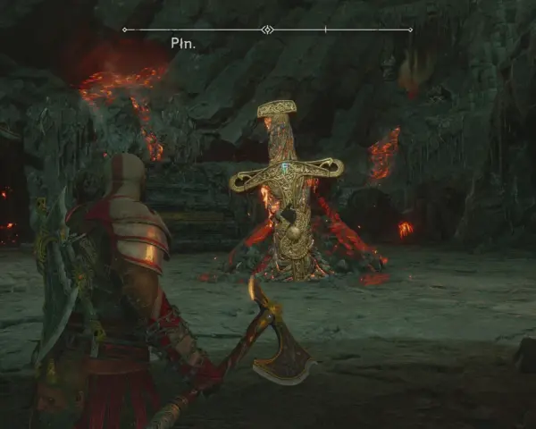 Kratos w jaskini z płonącym mieczem, artefaktem z God of War Ragnarok Tygiel.