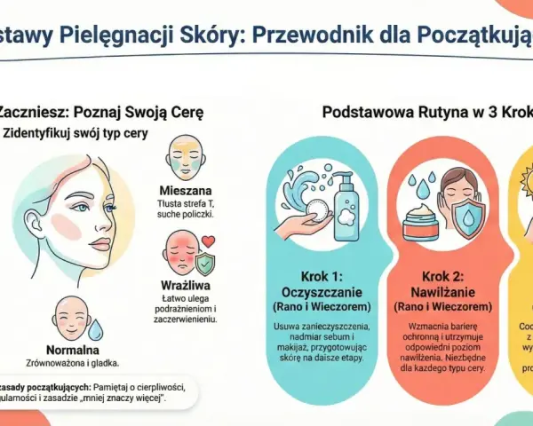 Ilustracja przedstawia podstawy pielęgnacji skóry, typy cery (tłusta, sucha, mieszana, wrażliwa, normalna) i rutynę w 3 krokach: oczyszczanie, nawilżanie i ochrona.