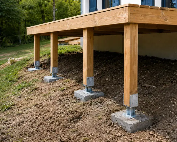 Vue d'un schema plan terrasse sur pilotis en bois, soutenue par des piliers en béton sur un terrain en pente.