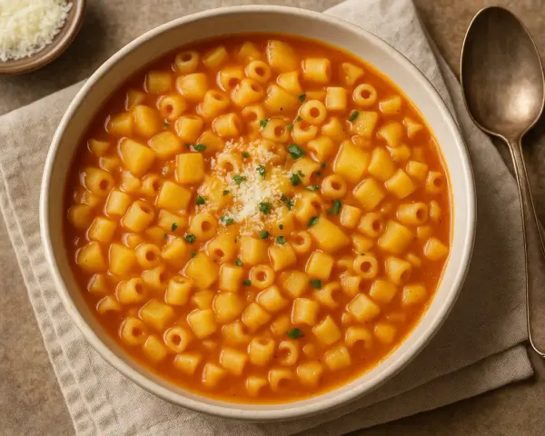 Una ciotola fumante di pasta e patate, condita con parmigiano grattugiato e prezzemolo fresco. Un comfort food che scalda il cuore.