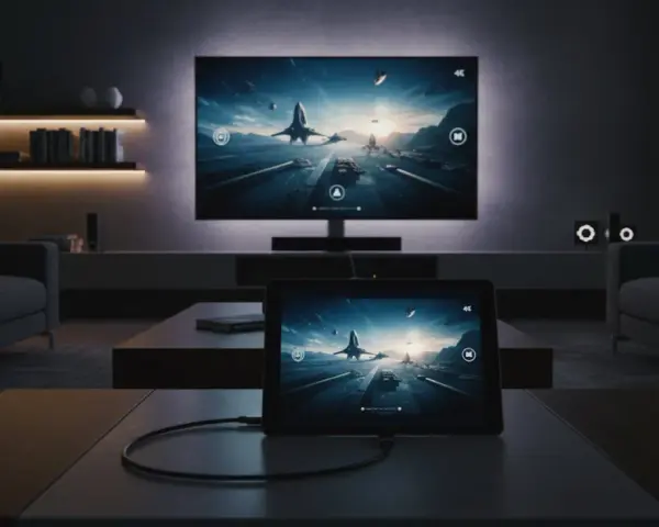Ein Tablet zeigt ein Spiel, das auf dem großen Fernseher im Hintergrund dupliziert wird.
