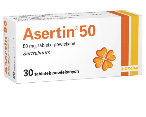 Opakowanie leku Asertin 50, zawierającego 30 tabletek powlekanych z sertraliną, stosowanego w leczeniu depresji i innych zaburzeń.