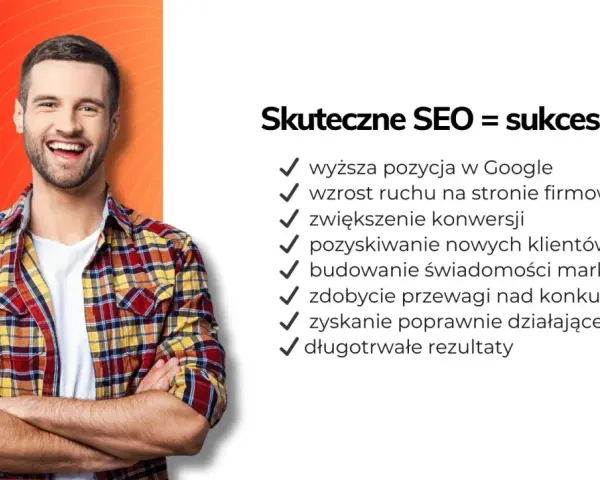 Uśmiechnięty mężczyzna z listą korzyści z SEO. Skuteczne SEO to sukces firmy, jak domowe sposoby na zawroty głowy.