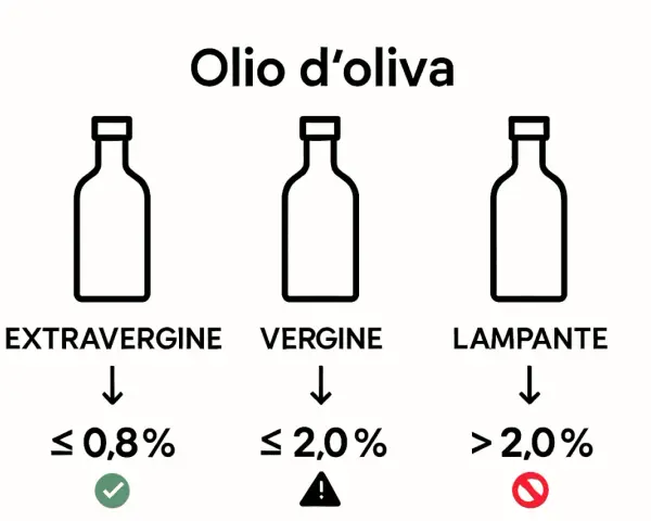 Olio d'oliva: extravergine (≤ 0,8%), vergine (≤ 2,0%), lampante (> 2,0%). L'olio di oliva non extravergine include le categorie vergine e lampante.
