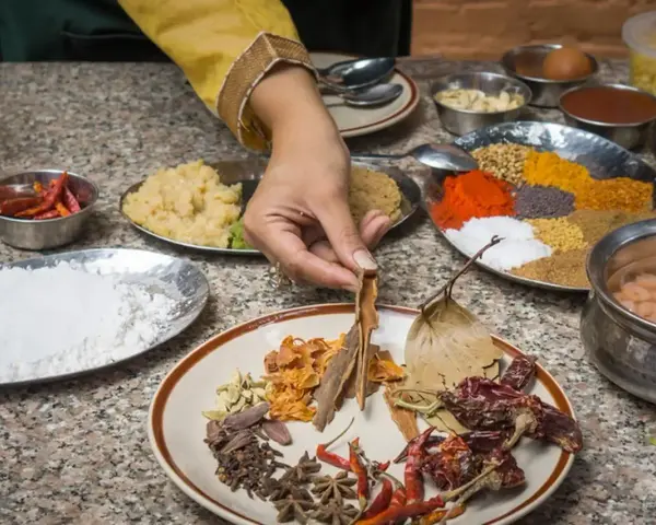Ręka wybiera cynamon z talerza przypraw, przygotowując autentyczną kuchnię nepalską. Widać chili, mąkę, pastę imbirową i kolorowe przyprawy.