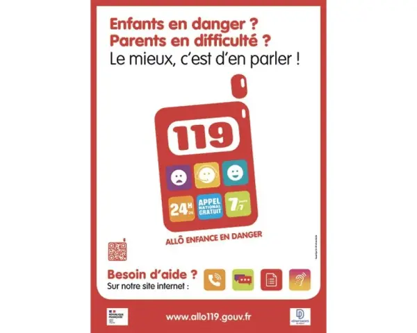 Affiche pour signaler enfant en danger. Le numéro 119 est mis en avant, avec des icônes pour le contact et l'aide.