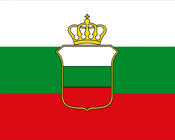 Flaga Bułgarii: biały, zielony i czerwony pas poziomy, z koroną i herbem pośrodku.