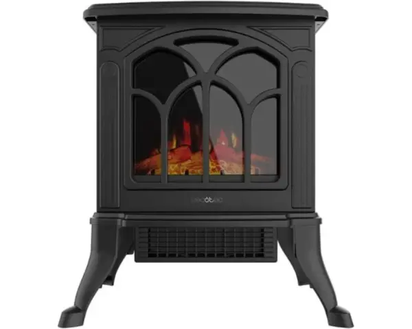 Chimenea eléctrica negra con efecto de leña ardiendo, un ejemplo de los modernos tipos de chimeneas de obra.