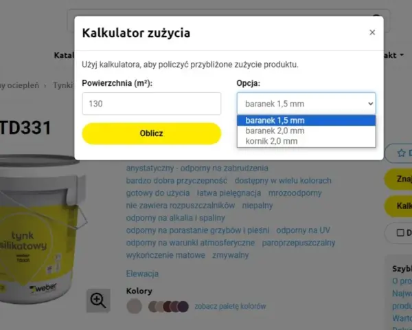 Kalkulator zużycia tynku silikonowego 25 kg. Wpisz powierzchnię 130 m² i wybierz opcję baranek 1,5 mm, aby obliczyć potrzebną ilość.