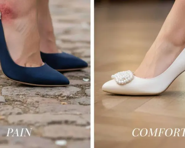 Scarpe da cerimonia donna: un tacco blu con cerotto e vescica, contrapposto a un elegante modello bianco con perle, che promette comfort.