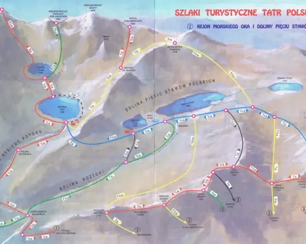 Mapa szlaków turystycznych Tatr: Rejon Morskiego Oka i Doliny Pięciu Stawów. Widok na góry, jeziora i ścieżki.