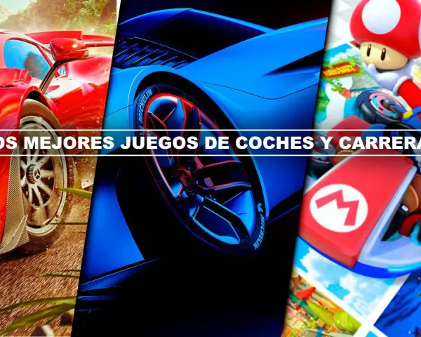 Los mejores juegos de coches PC: coches de carreras rojos y azules, y Mario Kart.
