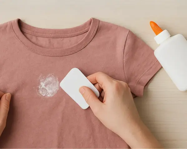 Mano raspando un parche de pegamento seco de una camiseta rosa. Un consejo para como quitar parches de la ropa.