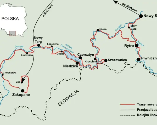 Mapa tras rowerowych wzdłuż Dunajca, od Zakopanego po Nowy Sącz, z zaznaczonymi miejscowościami i jeziorami.