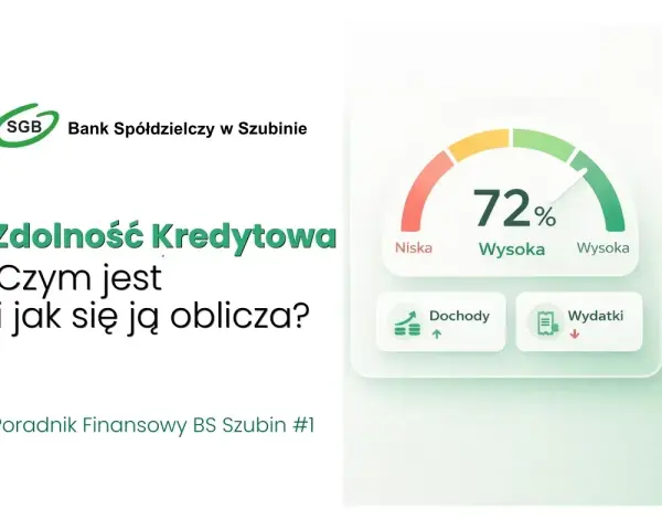 Zdolność kredytowa: jak obliczyć? Wykres pokazuje 72%, dochody i wydatki. Poradnik finansowy BS Szubin.