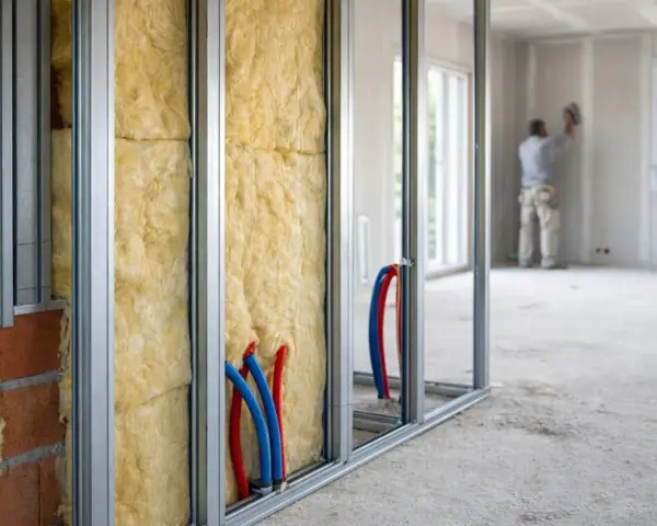 Isolation et tuyauterie dans une structure métallique. Un ouvrier travaille au plâtre en arrière-plan. Une entreprise de second oeuvre en pleine action.