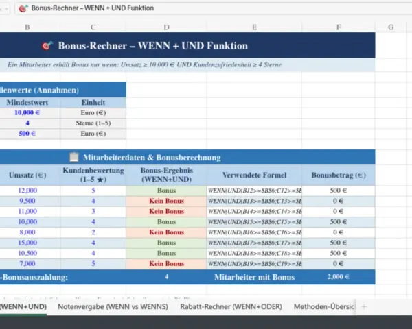 Excel-Tabelle zeigt Bonusberechnung mit WENN+UND-Funktion. Mitarbeiter erhalten Bonus nur bei Erreichen von Umsatz und Kundenzufriedenheit.