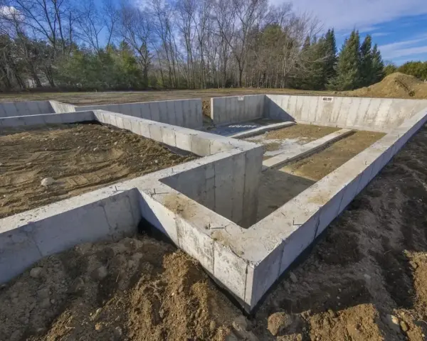 Fundament domu w budowie, pokazujący różne rodzaje betonu użyte do stworzenia solidnych fundamentów.