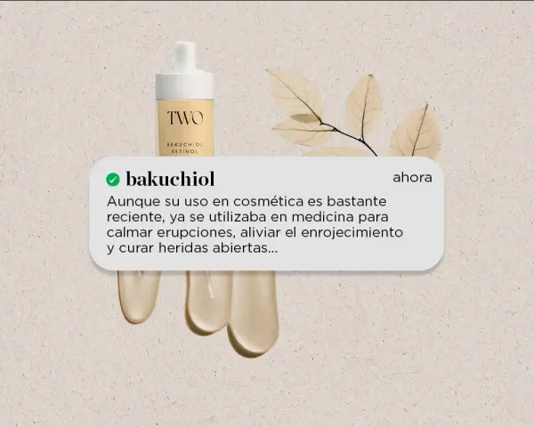Gotero con sérum de bakuchiol. El texto indica que el bakuchiol con que no mezclar es importante para su uso en cosmética.