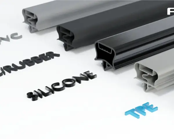 Próbki profili z różnych materiałów: PVC, PVC/RUBBER, SILICONE i TPE.