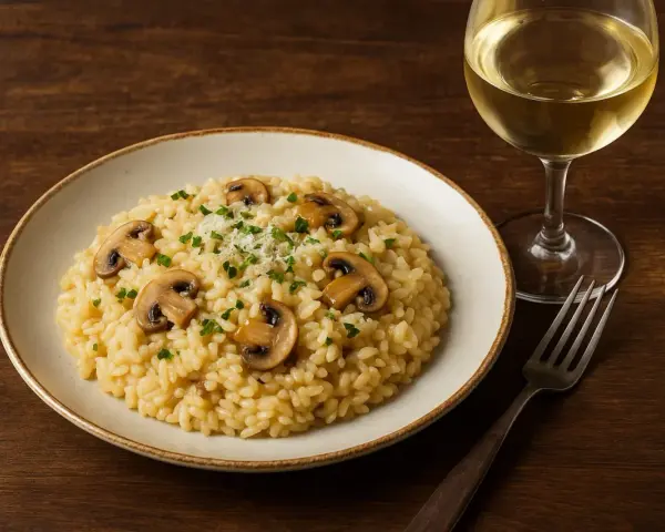 Risotto z grzybami i kieliszek białego wina. Idealne, gdy zastanawiasz się, co zamiast białego wina do risotto.