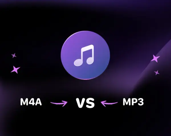 Porównanie formatów audio: M4A vs MP3. Ikona nuty symbolizuje muzykę.