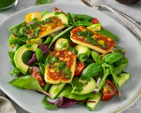 Kolorowa sałatka z grillowanym halloumi, awokado, pomidorkami i ogórkiem, polana zielonym sosem.