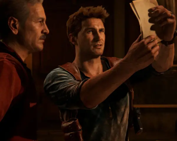 Nathan Drake i jego ojciec badają starą mapę, szukając wskazówek do skarbu. To kluczowy moment w Uncharted 5.