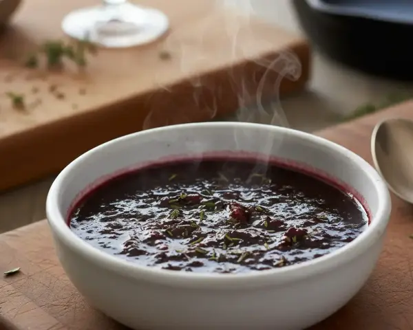 Un bol fumant de sauce marchand de vin, garnie d'herbes, prête à accompagner un plat savoureux.