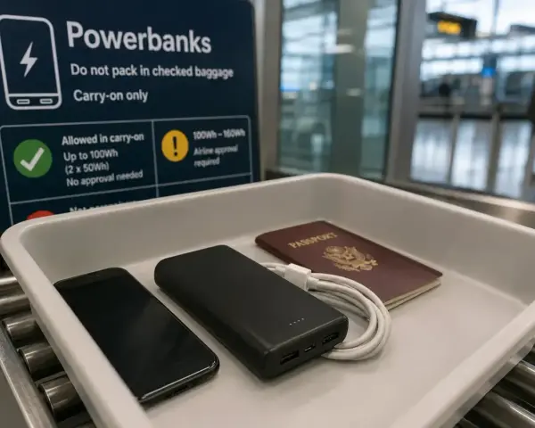 Na tacy do kontroli bezpieczeństwa leżą telefon, powerbank i paszport. Tablica informuje o limicie powerbanków Ryanair.