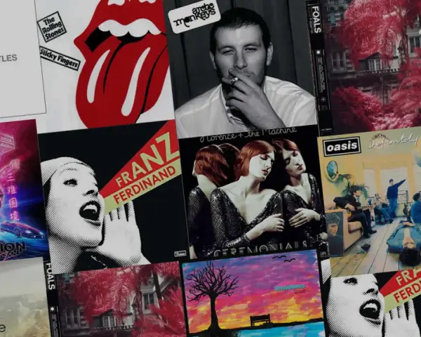 Collage d'albums de groupes de rock anglais actuels : The Beatles, Arctic Monkeys, Franz Ferdinand, Oasis, Florence + The Machine, The Rolling Stones, Foals, The Verve, Stereophonics.