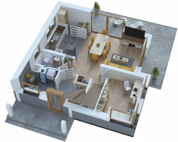 Wizualizacja projektu domu 70m2: kuchnia, łazienka, salon z jadalnią, gabinet i taras.