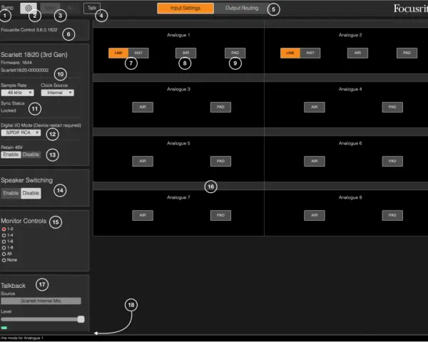 Interfejs Focusrite Control z ustawieniami dla Scarlett 18i20. Widoczne przyciski LINE, INST, AIR i PAD dla wejść analogowych.