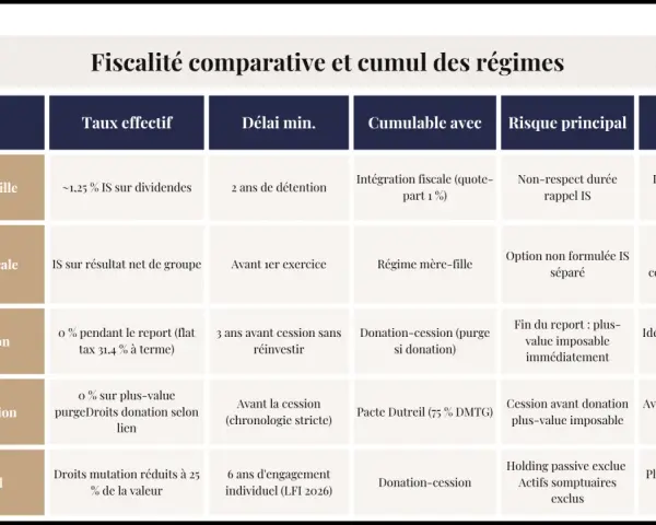 Tableau comparatif des régimes fiscaux pour l'optimisation fiscale holding : mère-fille, intégration fiscale, apport-cession, donation-cession, pacte Dutreil.