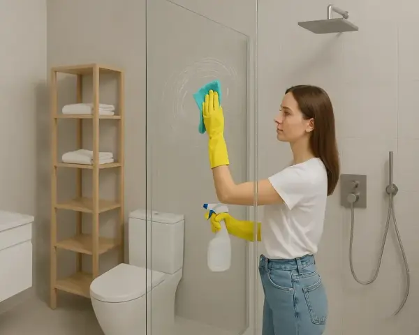 Kobieta w żółtych rękawiczkach czyści szklaną kabinę prysznicową, używając niebieskiej ściereczki i sprayu. Dowiedz się, czym umyć kabinę prysznicową ze szkła, by lśniła czystością.