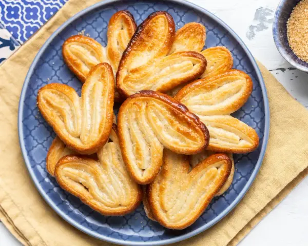 Un piatto blu pieno di dolci con pasta sfoglia dorati e croccanti, cosparsi di zucchero.