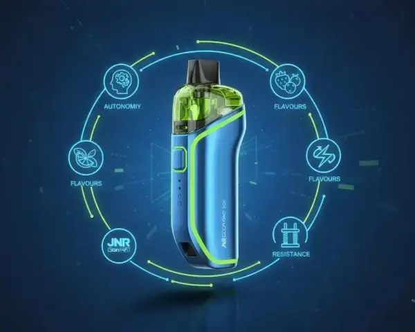 Vape azul y verde con iconos de sabores, autonomía y resistencia. Un dispositivo para disfrutar de tu squonk favorito.