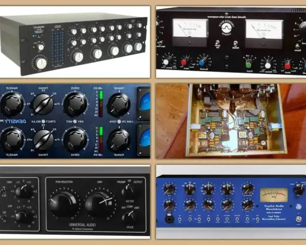 Różne urządzenia audio, w tym multiband compressor, z gałkami i wskaźnikami.