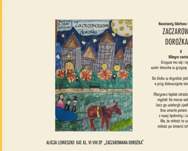 Ilustracja do wiersza Gałczyńskiego "Zaczarowana dorożka". Widać dorożkę z parą, nocne miasto i księżyc.