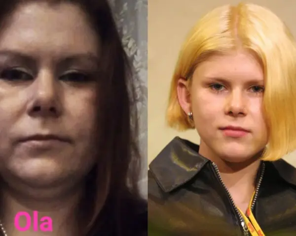 Dwie twarze: po lewej Ola, po prawej młoda Aleksandra Gietner z blond włosami.